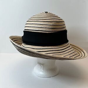 Preston & York Floppy Straw Sun Hat Black and Tan and Cream Striped